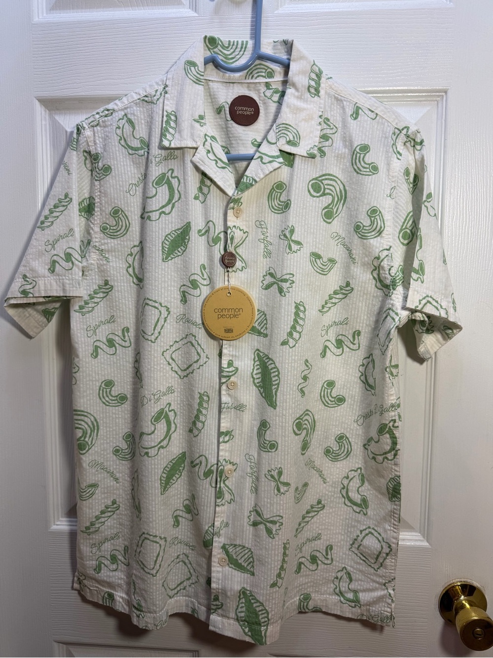 Common People Short-Sleeve Button-Down in White with Green Pasta Print